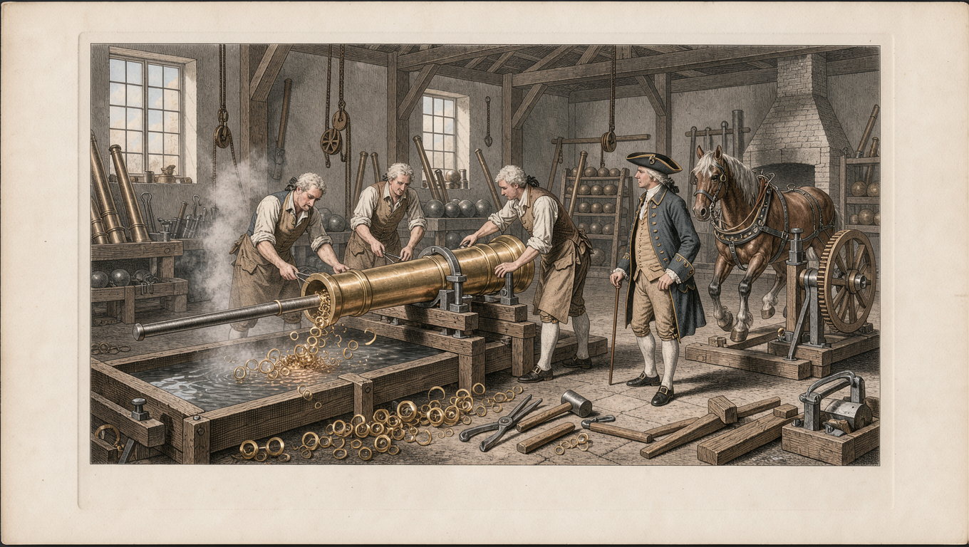 AI engraving of the 1798 Munich cannon-boring workshop
